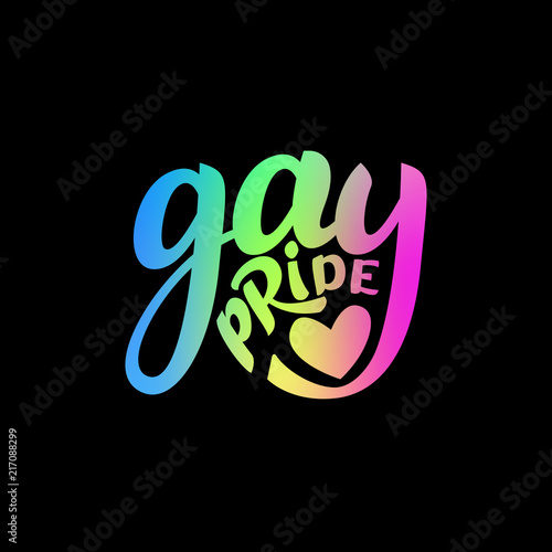 Gay Lettering. Conceptual poster with LGBT rainbow hand lettering. Rainbow glitter handwritten phrase Gay pride isolated on black background. Vector typographic illustration for gay community support