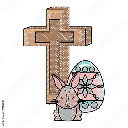 happy easter design with religious cross with cute bunny and easter eggs over white background, vector illustration