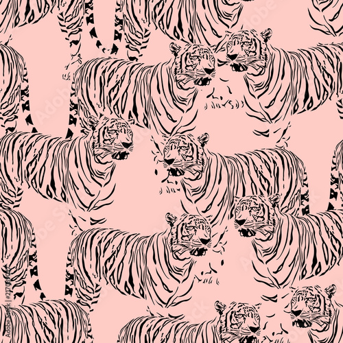 Abstract Tiger seamless pattern. Wild life animals. Black and pink texture background. Illustration.