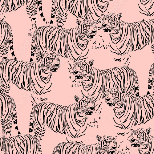 Fototapeta Naklejka Na Ścianę i Meble -  Abstract Tiger seamless pattern. Wild life animals. Black and pink texture background. Illustration.