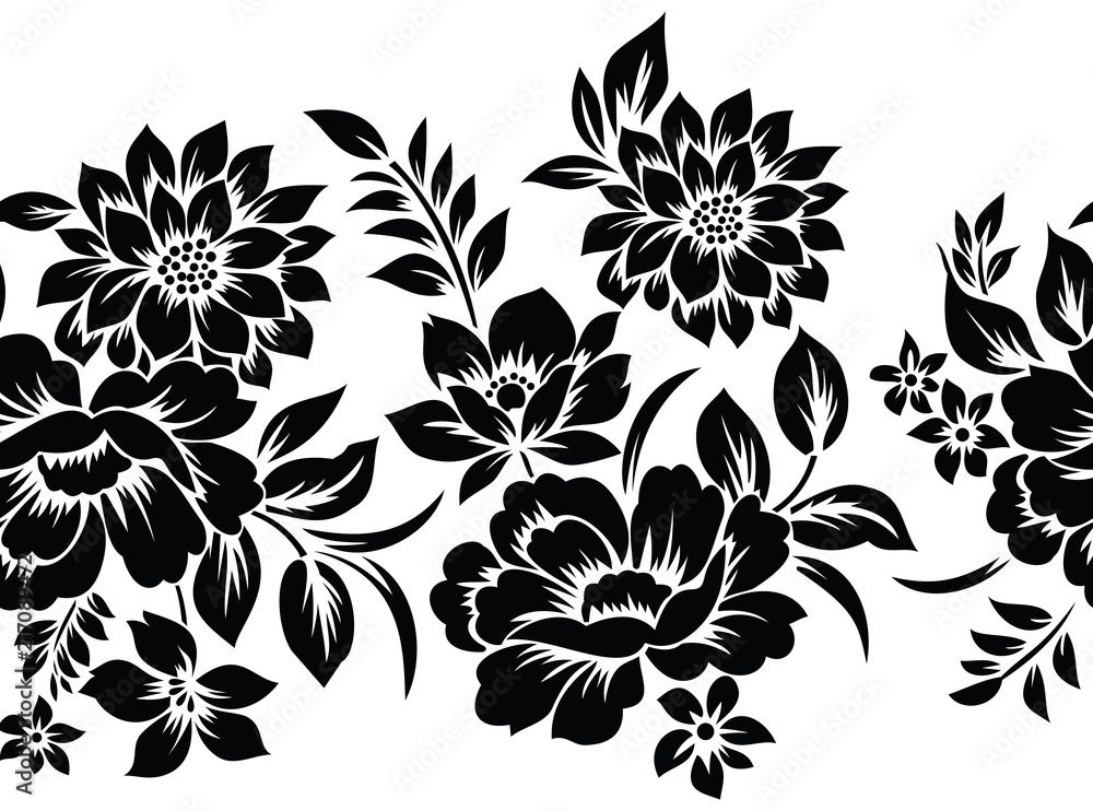 Seamless black and white floral border Stock Vector | Adobe Stock