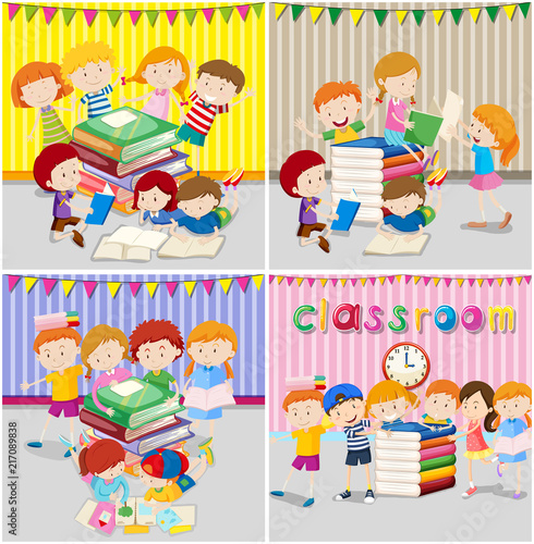 A set of children study