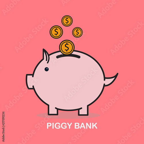 Pink piggy bank with falling coins. The concept of saving money or open a bank deposit.