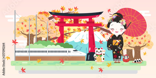 cartoon geisha with travel japan