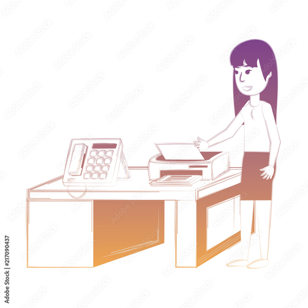 cartoon businesswoman at the office with desk with printer and phone over white background, vector illustration cartoon businesswoman at the office with desk with printer and phone over white background, vector illustration