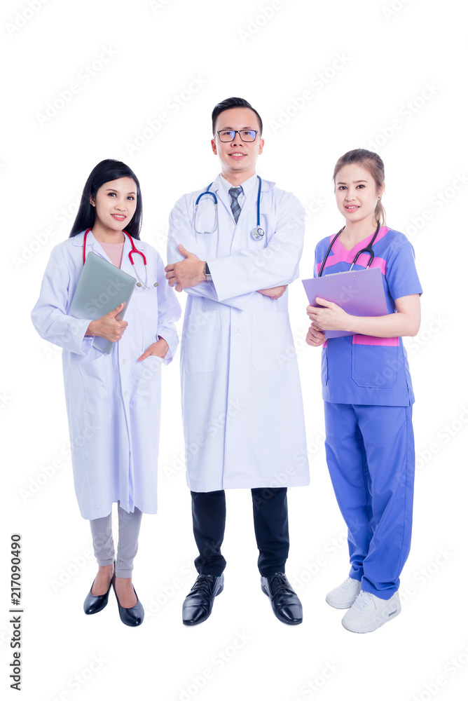 Group of young asian medical team standing isolated over white background Group of young asian medical team standing isolated over white background