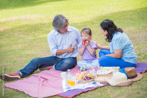 Asian Grandparents spend time in holiday with granddaughter by picnic at park. © gamelover