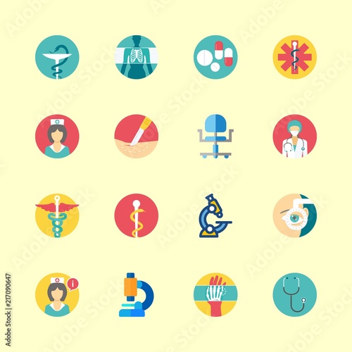 hospital vector icons set. wheel chair, x ray, pharmacy and ophthalmology in this set