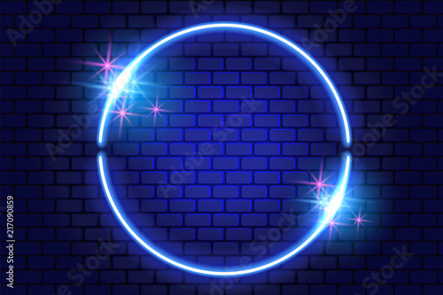 Neon round frame with sparkle stars on brick wall for decoration signboard
