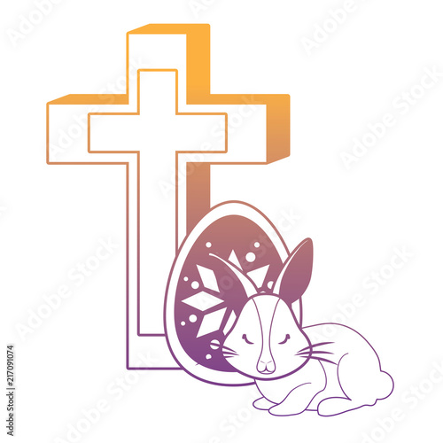 happy easter design with religious cross with cute bunny and easter eggs over white background, vector illustration