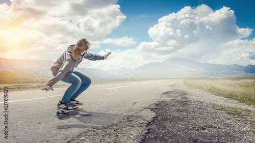 Teenager girl ride her skateboard. Mixed media