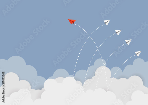 Business concept. Red paper airplane flying changing direction on blue sky of business teamwork and one different vision. Leader, New idea, boss, manager, winner concept, trend. Vector illustration