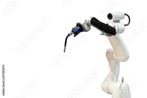Robot mechanical arm and camera in the future, work instead of man white background