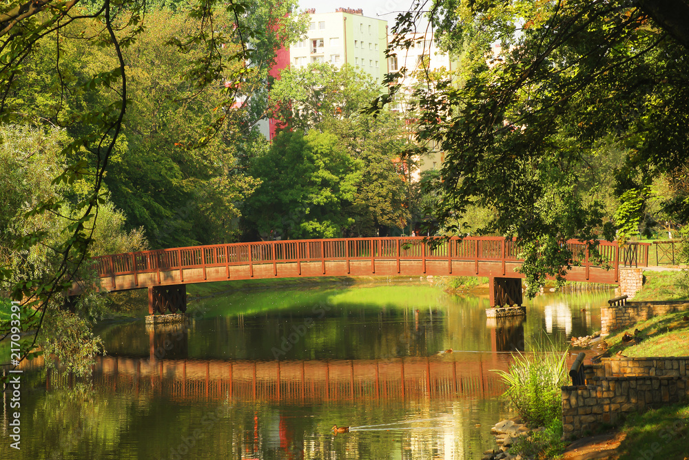 Naklejka premium Landscape of the park with a lake, a bridge and a house in the background