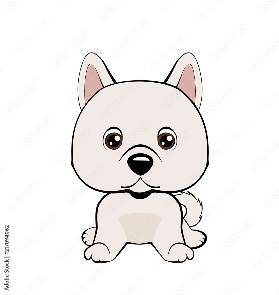 Vector illustration of cute dog in flat style shows sad emotion. Crying emoji. Smiley icon. Chat, communication, print, sticker. Isolated object on blue background. Unhappy.