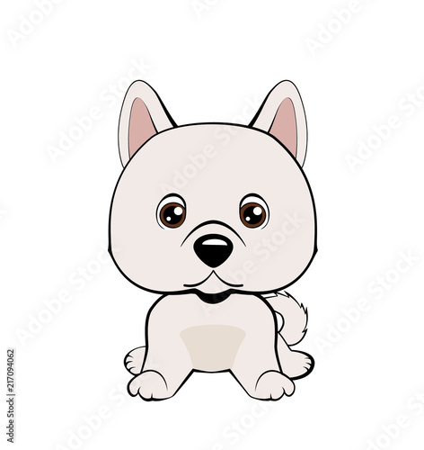 Vector illustration of cute dog in flat style shows sad emotion. Crying emoji. Smiley icon. Chat  communication  print  sticker. Isolated object on blue background. Unhappy.
