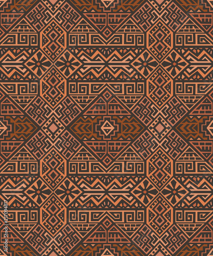 Simmetric seamless pattern in ethnic style. Tribal geometric ornament, perfect for textile design, site background, wrapping paper and other endless fill. Trendy boho tile.