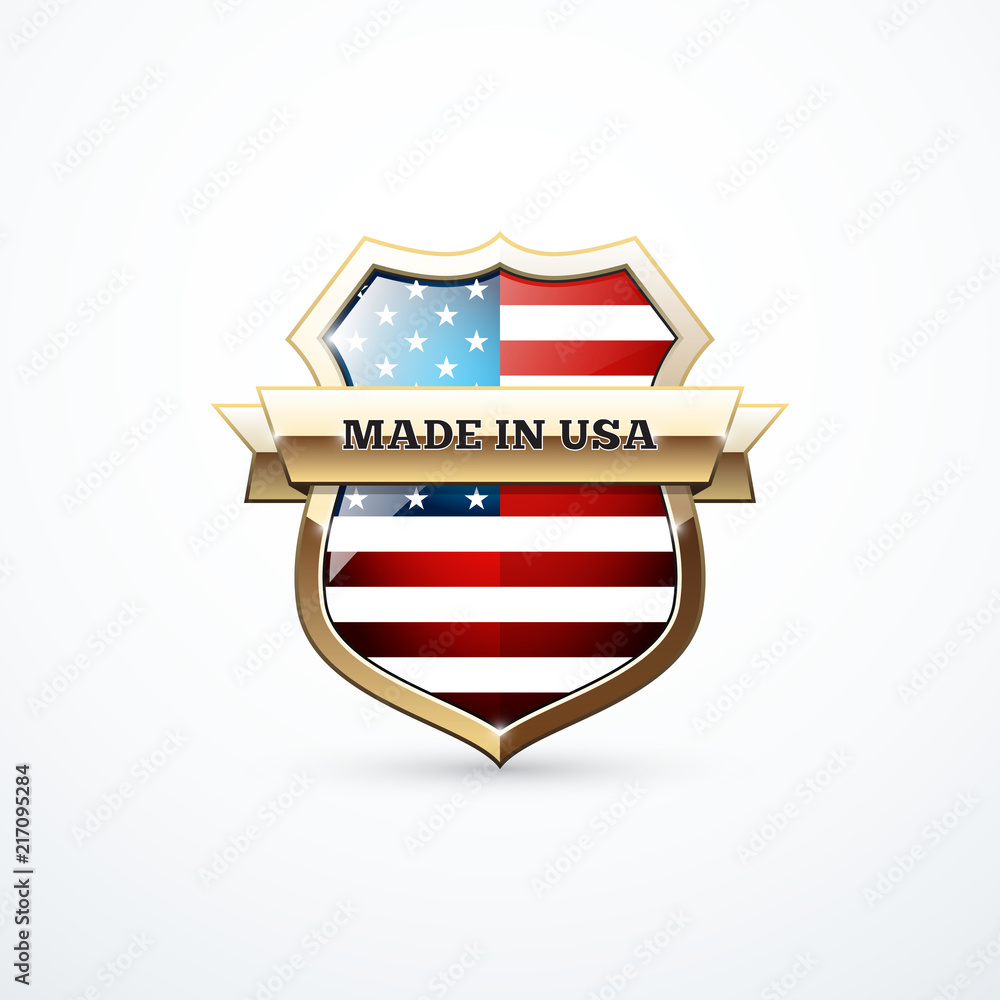 Made in USA shield icon. Gold shield with USA flag elements. Vector illustration Made in USA shield icon. Gold shield with USA flag elements. Vector illustration