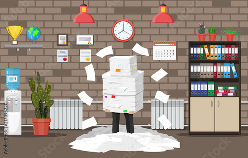 Stressed businessman under pile of office papers and documents. Office building interior. Office documents heap. Routine, bureaucracy, big data, paperwork, office. Vector illustration in flat style
