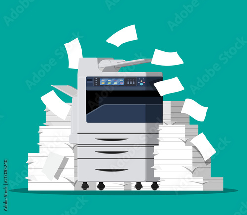 Office multifunction machine. Pile of paper documents. Bureaucracy, paperwork, chaos in office. Printer copy scanner device. Proffesional printing station. Vector illustration in flat style