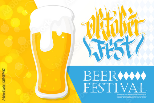 German traditional beer fest celebrate banner with glass of beer and handwritten inscription Oktoberfest. Vector illustration.