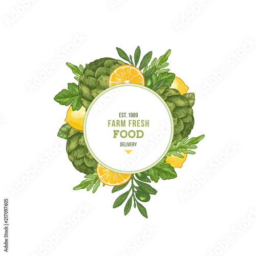 Summer fresh vegetables round design template. Engraved  illustration. Vector illustration