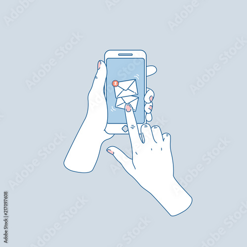Woman hand holding smartphone. New messages. Social media notifications. Vector illustration
