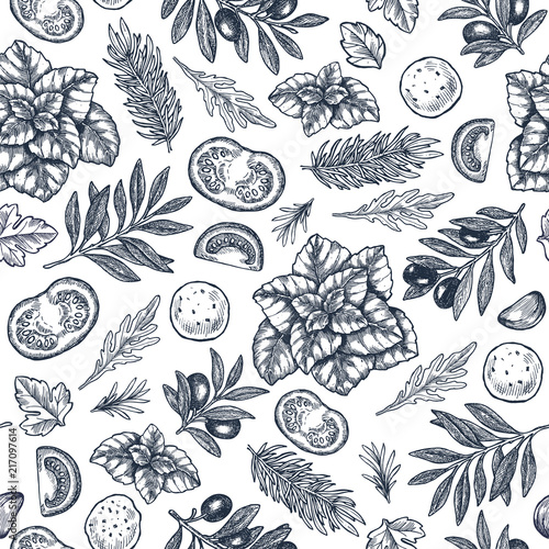 Tasty basil, mozarella, tomato, olive, garlic seamless pattern. Engraved frame illustration. Italian ingredients. Caprese ingredients. Vector illustration