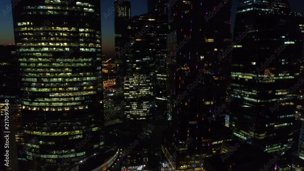 A night Aerial shot of skyscrapers of Moscow International Business Centre. A night Aerial shot of skyscrapers of Moscow International Business Centre.