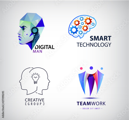 Vector set of virtual mind, smart technology, brain, robot, teamwork