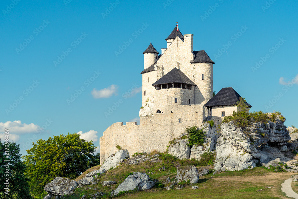 Bobolice, Poland - August 13, 2017: medieval castle of Bobolice against the blue sky