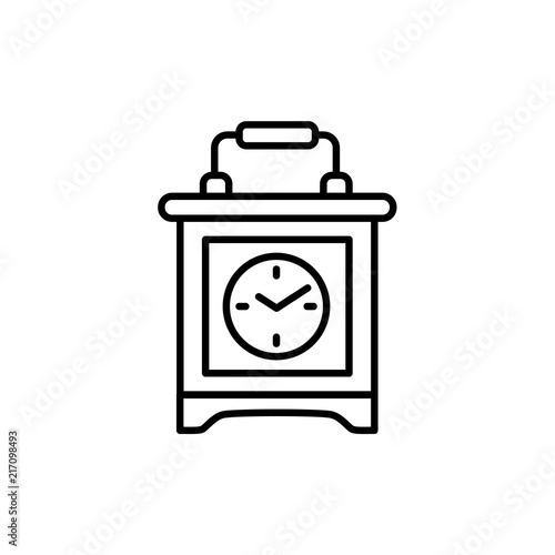 Vector illustration of vintage desk carriage clock. Line icon of analog device for measuring time. Old tabletop wooden clock with handle. Isolated object on white background.