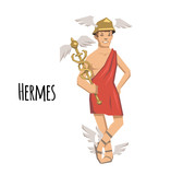 Hermes, ancient Greek god of Roadways, Travelers, Merchants and Thieves, messenger of the gods. Ancient Greece mythology. Flat vector illustration. Isolated on white background.