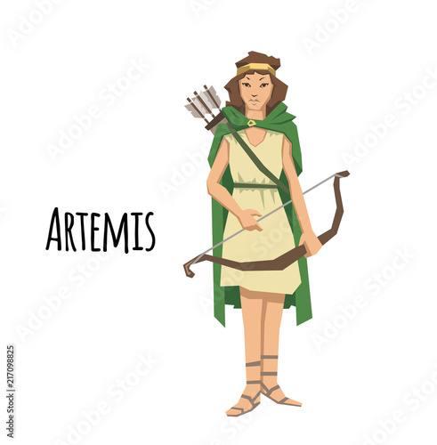 Artemis, ancient Greek goddess greek of the hunters. Ancient Greece mythology. Flat vector illustration. Isolated on white background.