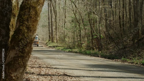 Vanagon driving down a dirt road in the forest. photo