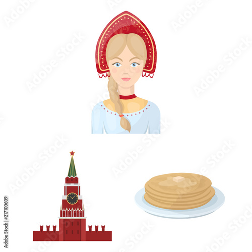 Country Russia, travel cartoon icons in set collection for design. Attractions and features vector symbol stock web illustration.