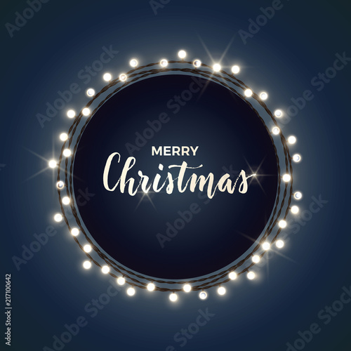 Round Christmas design with light bulb garland on dark backround. Vector illustration. Template for banner, card or flyer.