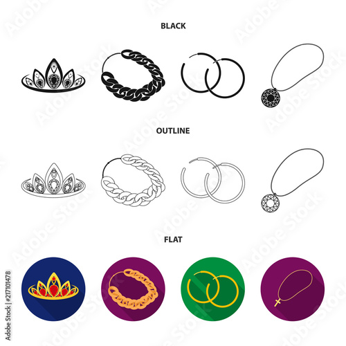 Tiara, gold chain, earrings, pendant with a stone. Jewelery and accessories set collection icons in cartoon style vector symbol stock illustration web.