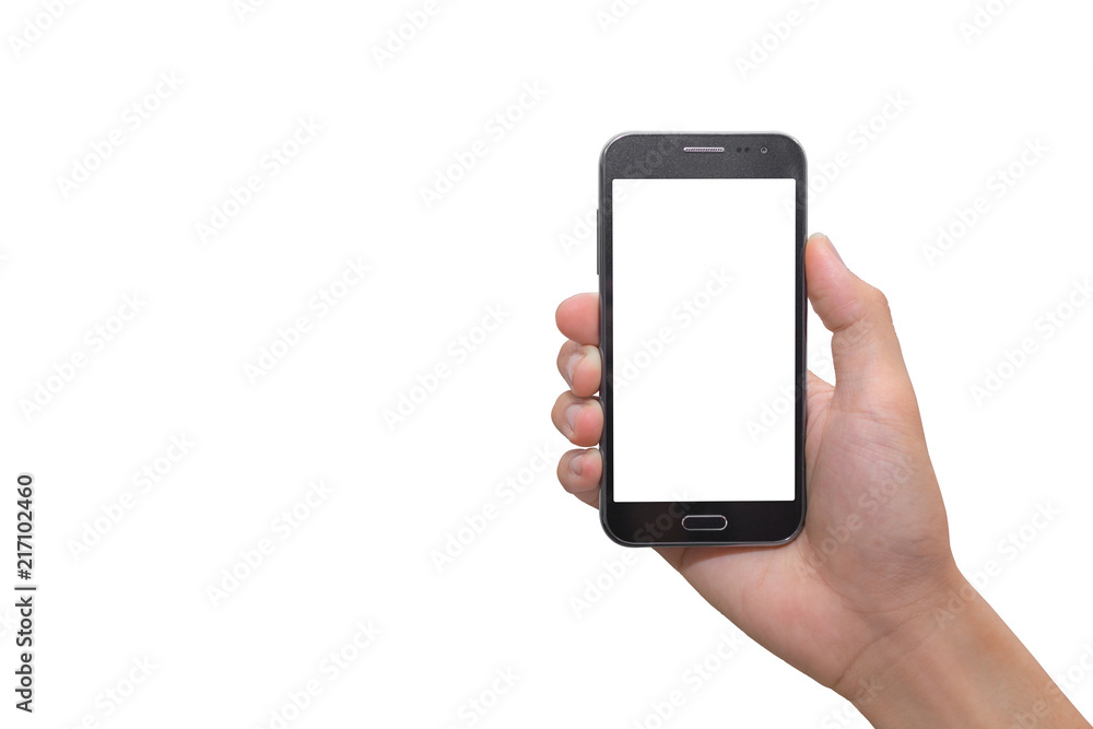 Hand holding mobile smart phone mock up screen for design, application, presentation or portfolio. This phone is touch, slide in touchscreen mode. (with clipping path) Hand holding mobile smart phone mock up screen for design, application, presentation or portfolio. This phone is touch, slide in touchscreen mode. (with clipping path)