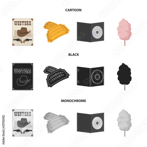 Western cinema, tickets, sweet cotton wool, film on DVD.Filmy and cinema set collection icons in cartoon,black,monochrome style vector symbol stock illustration web.