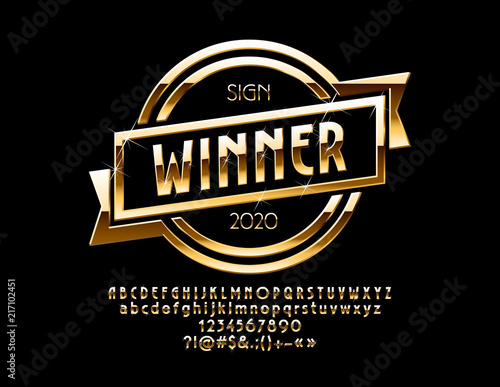 Vector Luxury Golden Emblem Winner. Chic Alphabet Letters, Numbers and Symbols.