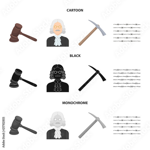 Judge, wooden hammer, barbed wire, pickaxe. Prison set collection icons in cartoon,black,monochrome style vector symbol stock illustration web.