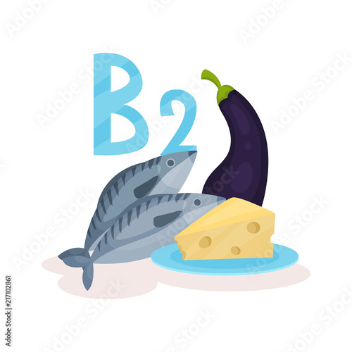 Food with vitamin B2 riboflavin . Sea fish, fresh cheese and eggplant. Organic products. Flat vector design for banner or poster