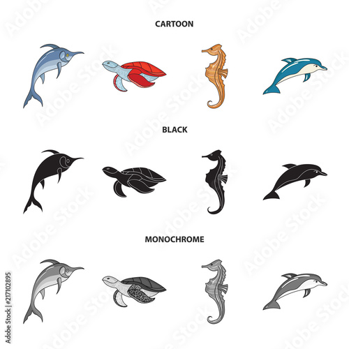 Merlin, turtle and other species.Sea animals set collection icons in cartoon,black,monochrome style vector symbol stock illustration web.