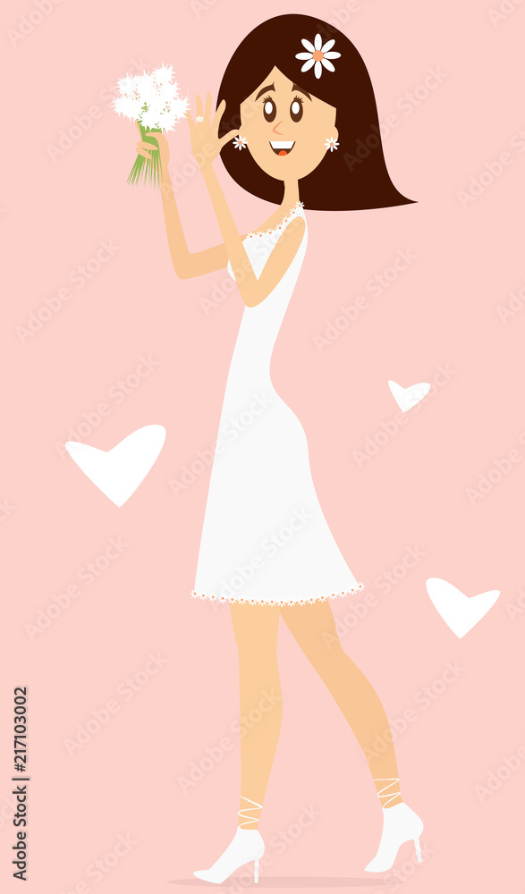 Happy bride standing with engagement ring. Vector cartoon illustration. Happy bride standing with engagement ring. Vector cartoon illustration.