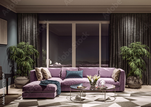 Modern interior design of living room, Taiwan, Taipei city skyline