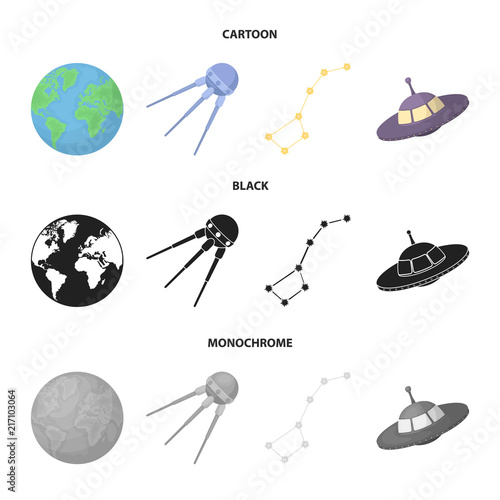 Planet Earth with continents and oceans, flying satellite, Ursa Major, UFO. Space set collection icons in cartoon,black,monochrome style vector symbol stock illustration web.