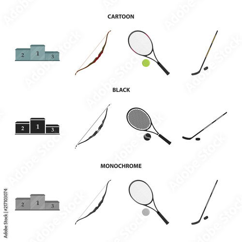 Pedestal of honor for the winners, bow for shooting arrows, racket with a ball for the tennis, hockey stick and puck. Sports set collection icons in cartoon,black,monochrome style vector symbol stock