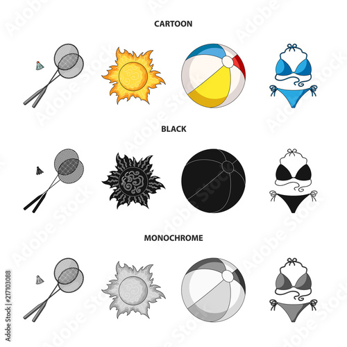 A game of badminton, a ball and the sun.Summer vacation set collection icons in cartoon,black,monochrome style vector symbol stock illustration web.