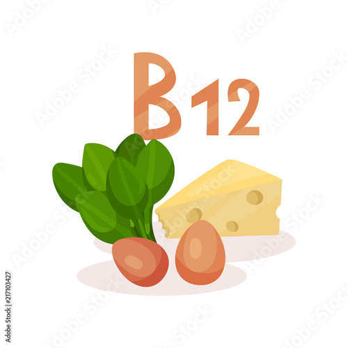 Food sources of vitamin B12 green spinach, chicken eggs and cheese. Natural and healthy food. Flat vector design